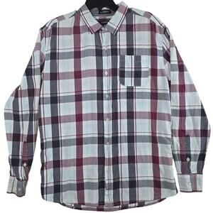 Carbon Button Down Shirt Men’s Large Burgundy Gray Light Blue White Plaid Cotton